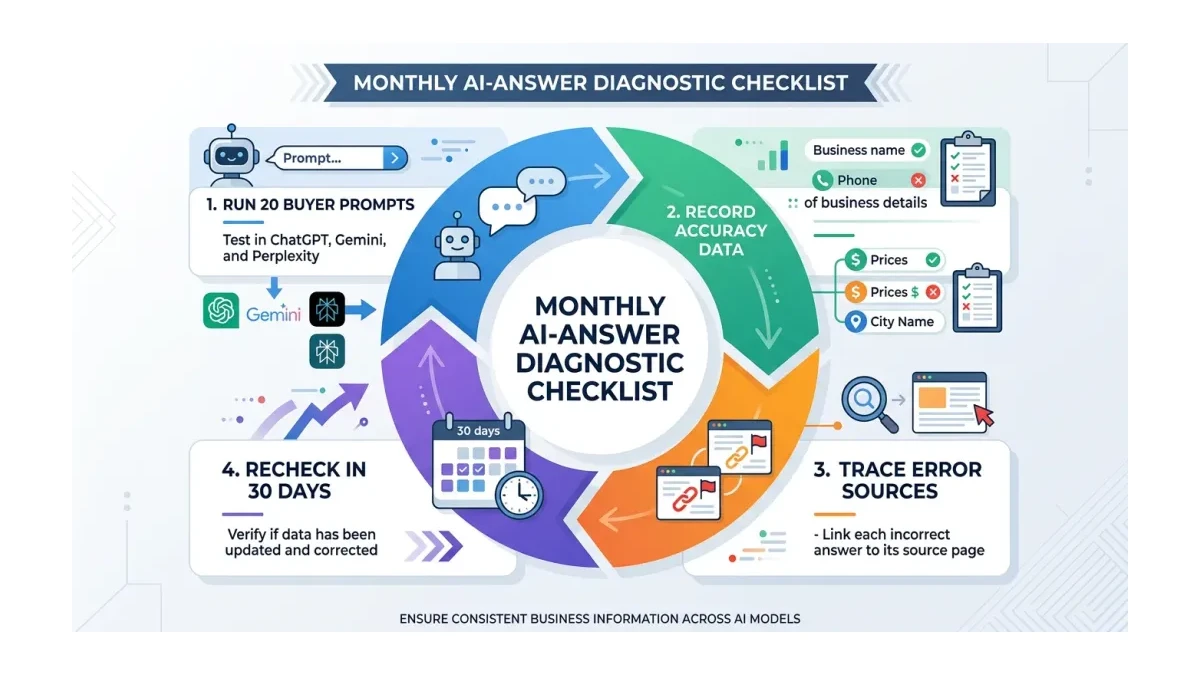 Infographic: monthly diagnostic checklist for AI answers covering prompts to test, what to record, and how often to recheck each AI assistant.