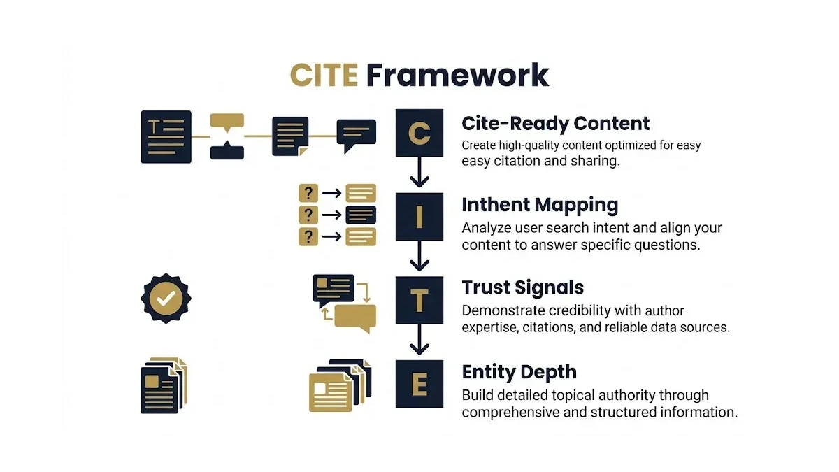 Infographic: CITE Framework for AI Mode Citations — a four-step process showing how Pakistani businesses earn citations in Google AI Mode answers