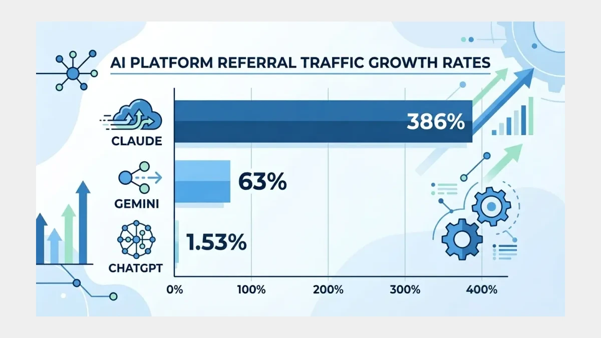 Infographic: Infographic showing AI platform referral traffic growth rates as horizontal bar chart: Claude 386%, Gemini 63%, ChatGPT