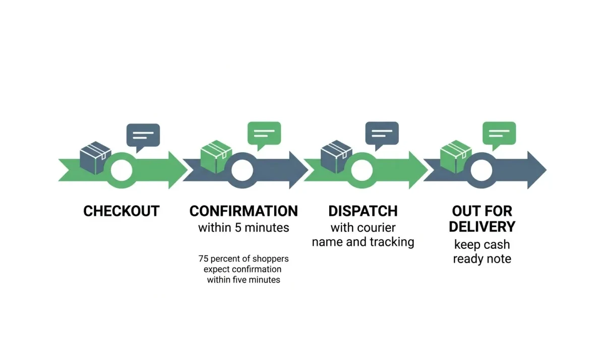 Infographic: Timeline of the three order update messages from checkout to delivery.