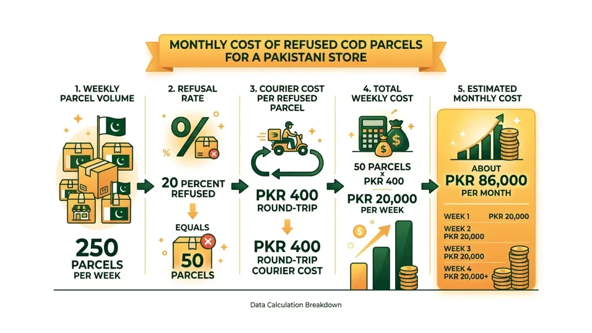 Infographic: Monthly cost breakdown of refused COD parcels for a Pakistani store.