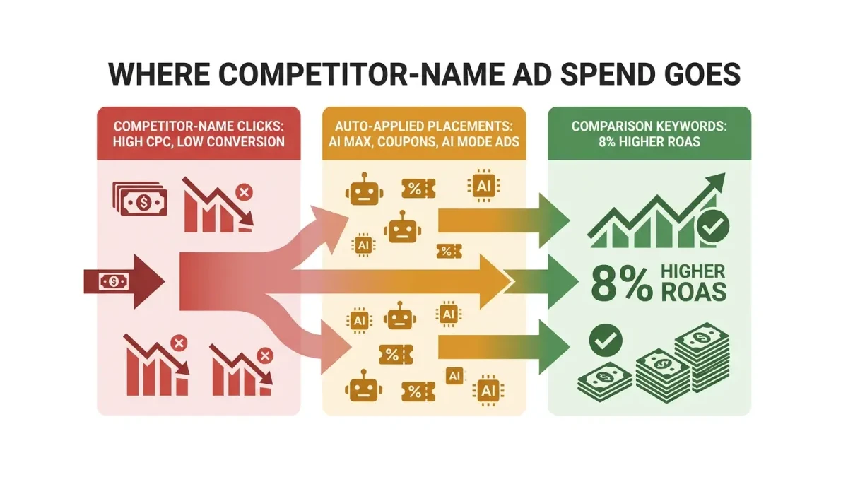 Infographic: flow diagram showing ad budget split between competitor-name clicks, auto-applied placements and comparison keywords