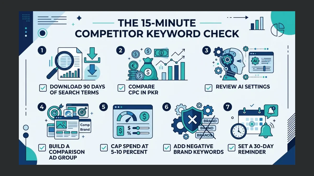 Infographic: seven-step audit checklist for competitor keyword spending in a Google Ads account