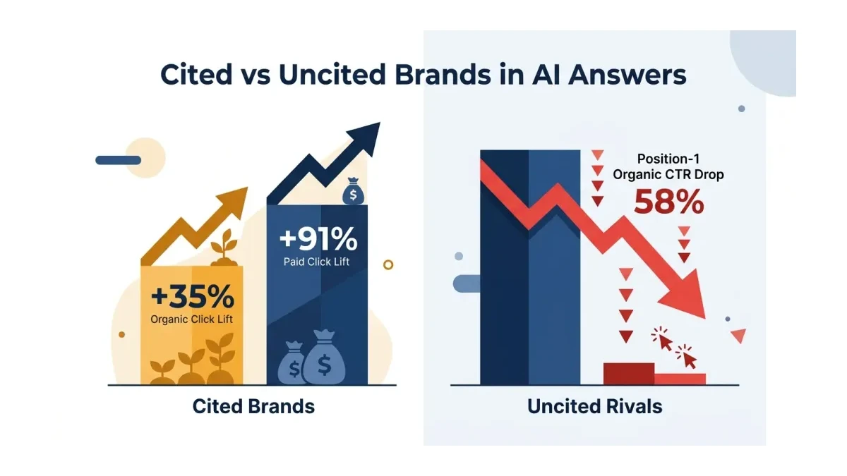 Infographic: Cited versus uncited brands, showing organic and paid click advantage plus the CTR collapse when an AI answer appears
