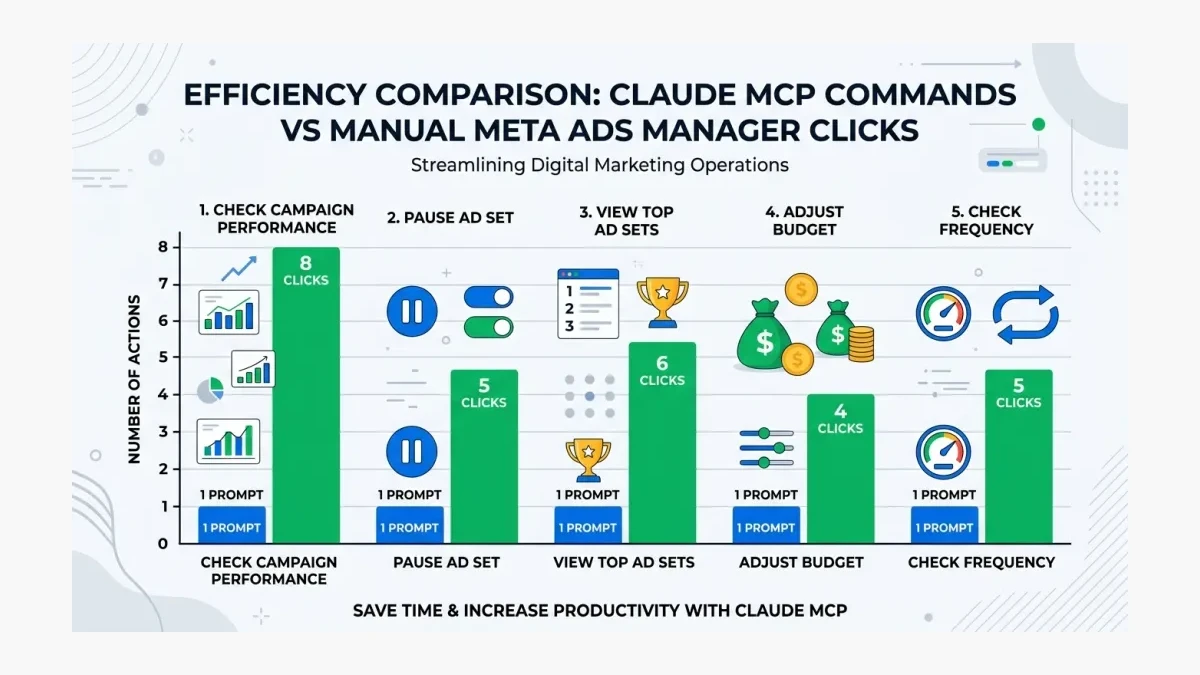 Infographic: comparison of Claude MCP commands vs manual Meta Ads Manager clicks for common tasks