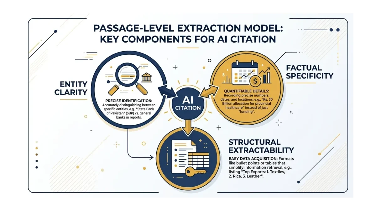 Infographic: Infographic showing the passage-level extraction model: three circles labeled Entity Clarity, Factual Specificity, Struc