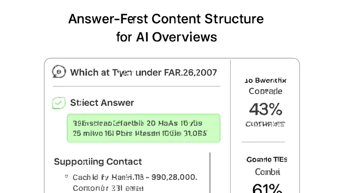Infographic: Answer-First Content Structure — diagram showing question heading, direct answer in first 50 words, supporting context, and how Google AI Overview extracts the answer