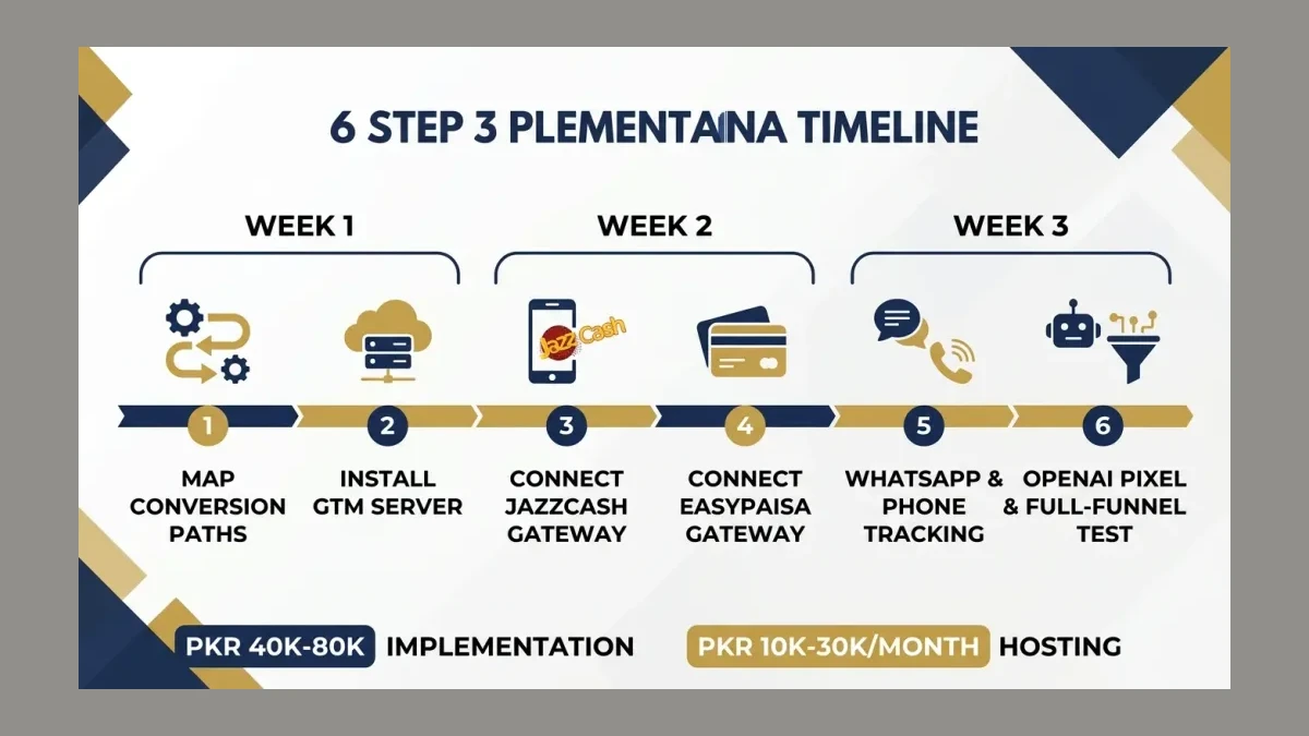 Infographic: Six-step conversion tracking implementation timeline for Pakistani SMEs