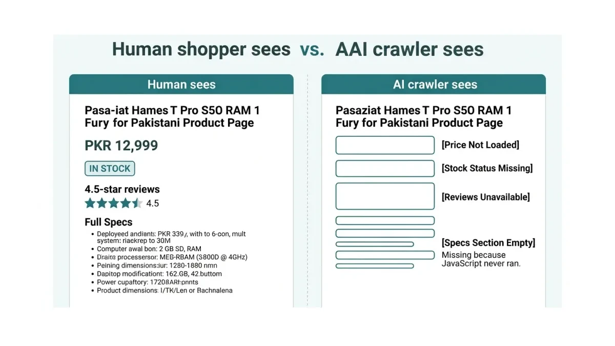 Infographic: what an AI crawler sees on a typical Pakistani product page versus what a human shopper sees, showing the empty JavaScript shell