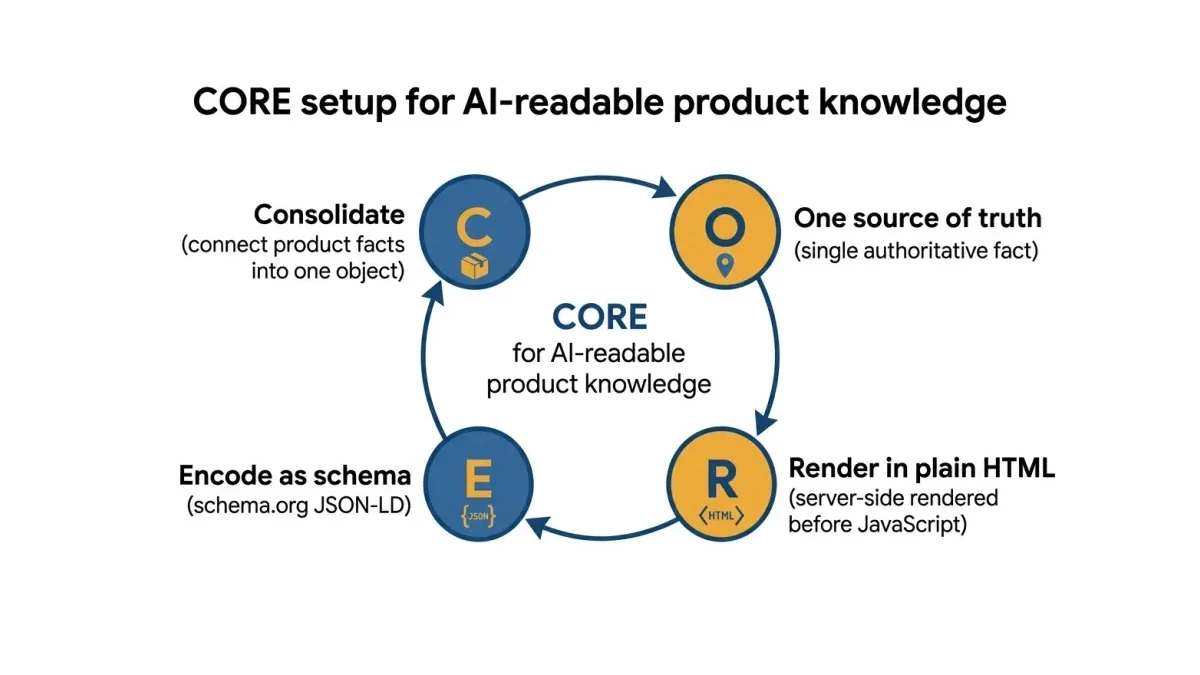 Infographic: the four-step CORE setup that turns a fractured storefront into connected, machine-readable product knowledge
