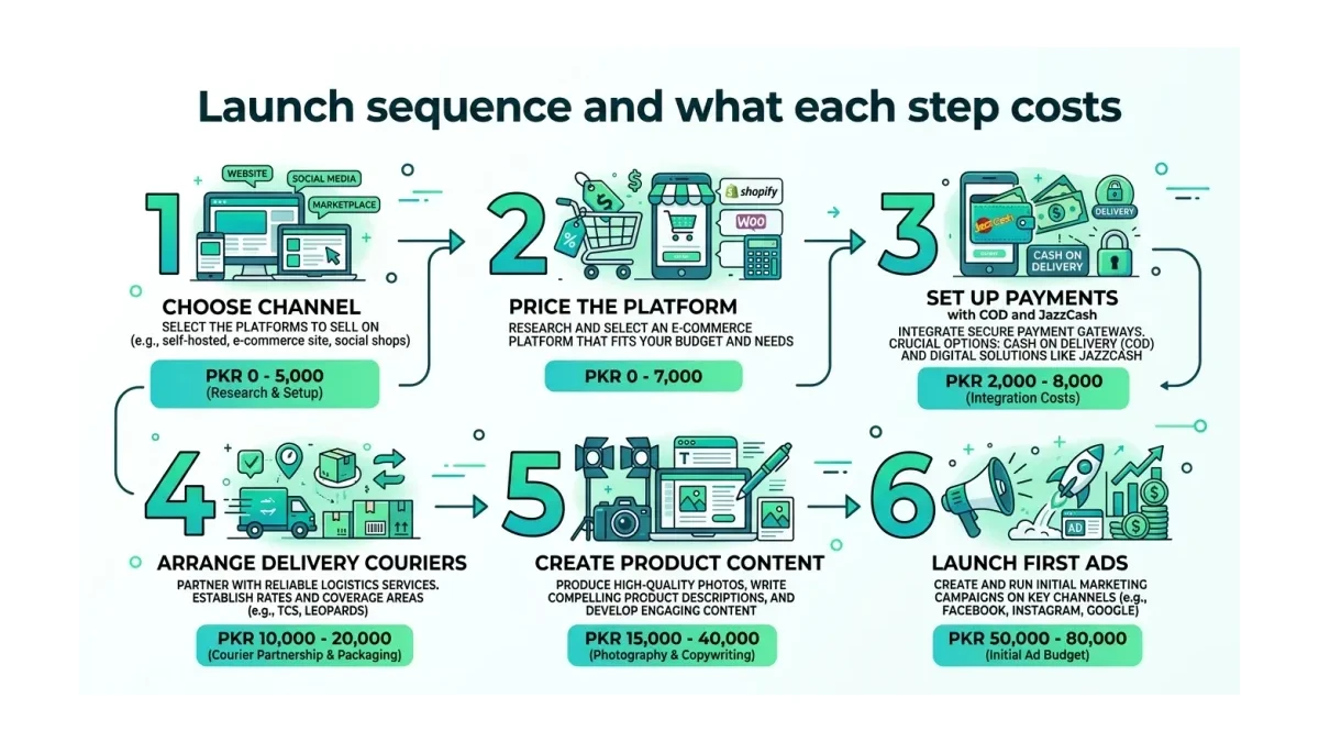 Infographic: Six-step launch sequence for a Pakistani online store with PKR cost bands at each step