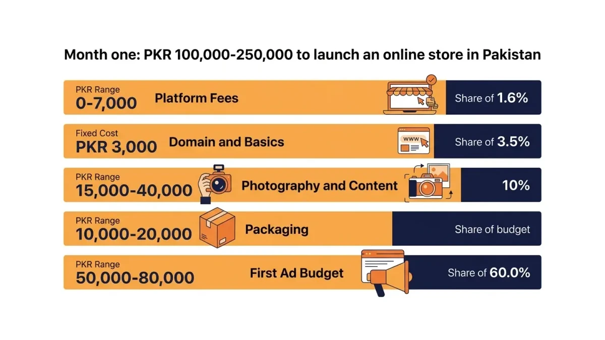 Infographic: Month-one budget breakdown in PKR for launching a small Pakistani online store