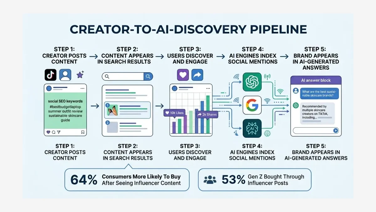 Infographic: The creator-to-AI-discovery pipeline showing how social content becomes AI search citations