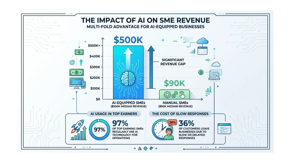 Infographic: Revenue gap between Pakistani SMEs with and without CRM automation, showing the 5x multiplier