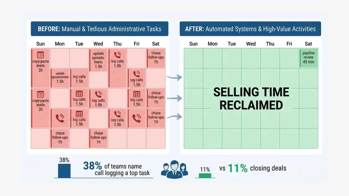 Infographic: a sales week before and after FUSE consolidation, comparing manual hours