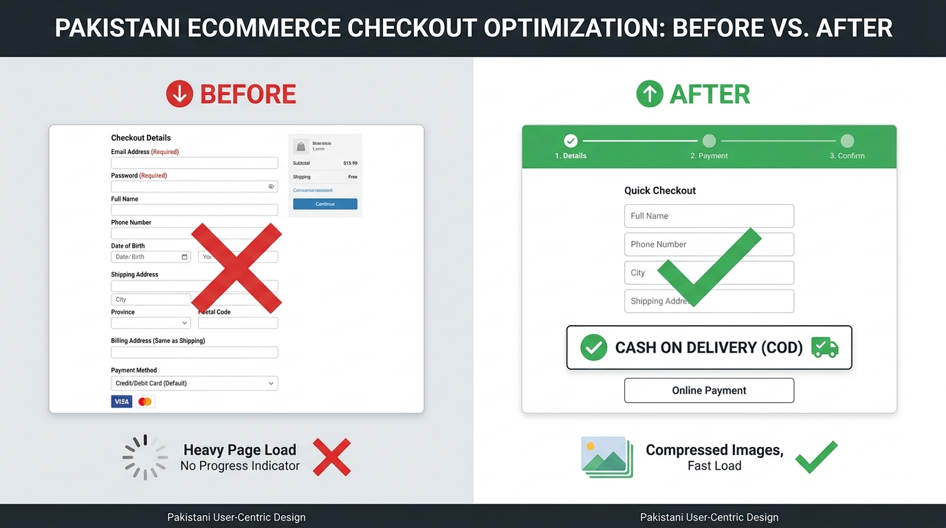 Infographic: Before and after comparison of Pakistani ecommerce checkout optimization showing field reduction, COD prominence, and speed improvements
