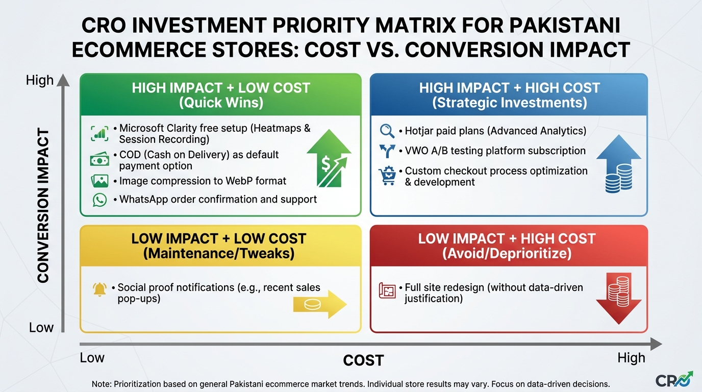 Infographic: Priority matrix showing CRO investments ranked by cost versus conversion impact for Pakistani ecommerce stores