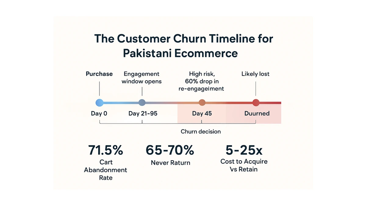 Infographic: Customer churn timeline showing risk signals for Pakistani ecommerce