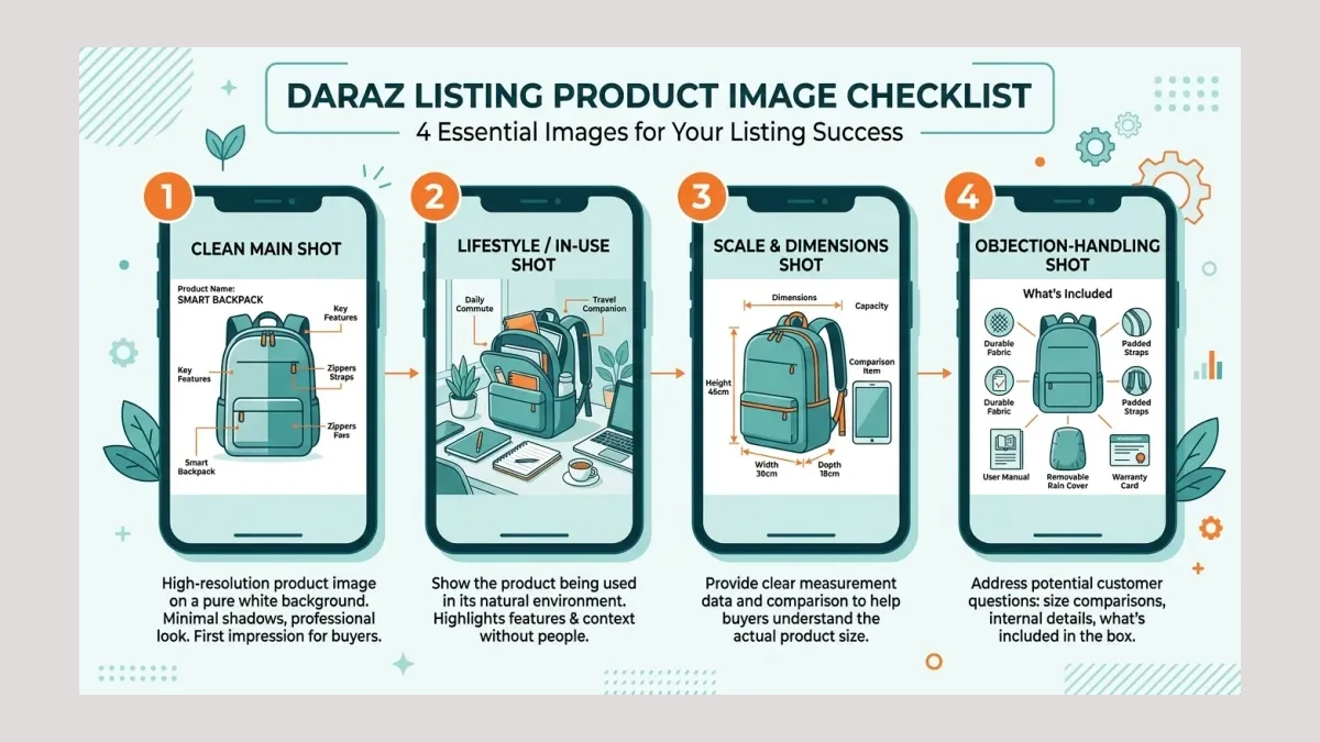Infographic: A four-image checklist for Daraz product photos shows a white-background main shot, a lifestyle shot, a scale shot and an objection-handling shot.