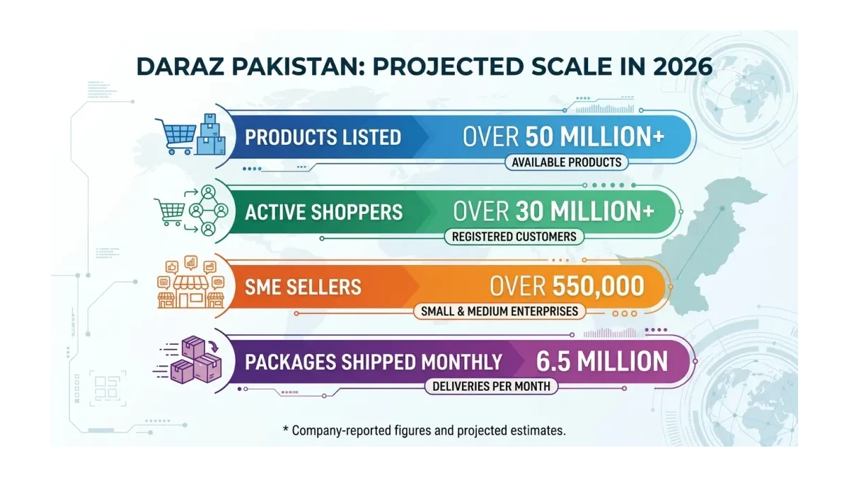 Infographic: Daraz Pakistan scale in 2026 shows 30 million shoppers, 550,000 SME sellers, 50 million products and 6.5 million monthly packages as labeled bars.