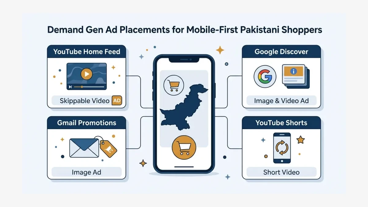 Infographic: Demand Gen ad placements across YouTube, Gmail, Discover and YouTube feed for mobile-first Pakistani shoppers
