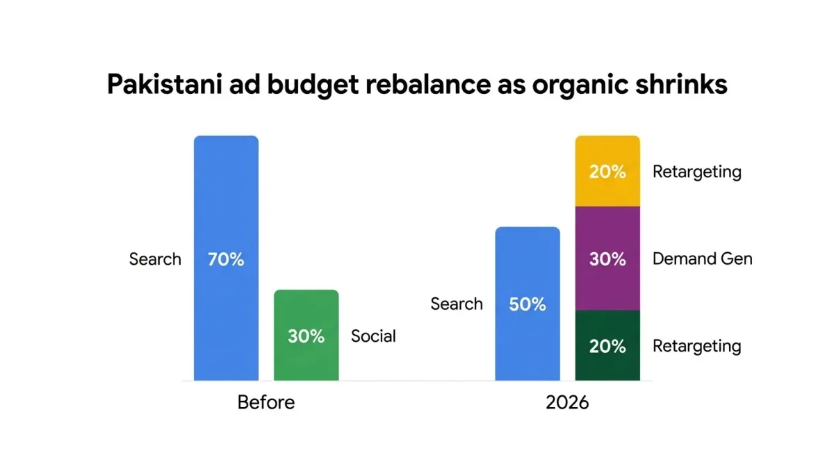 Infographic: How Pakistani ad budget rebalances from Search to Demand Gen as organic clicks shrink