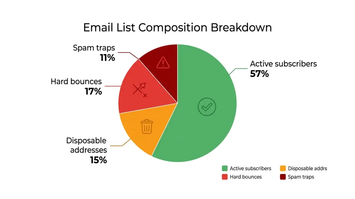 Infographic: Infographic-style pie chart showing email list composition breakdown: Active subscribers 57%, Disposable addresses 15%,