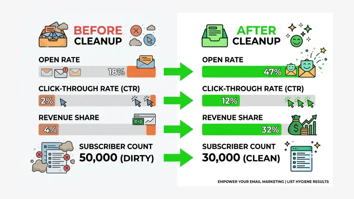 Infographic: Infographic-style before and after comparison showing email list cleanup results. Left side: Before (18% open rate, 2% C