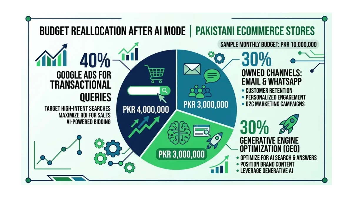 Infographic: Infographic showing budget reallocation percentages for Pakistani ecommerce stores after AI Mode: 40% Google Ads for tra