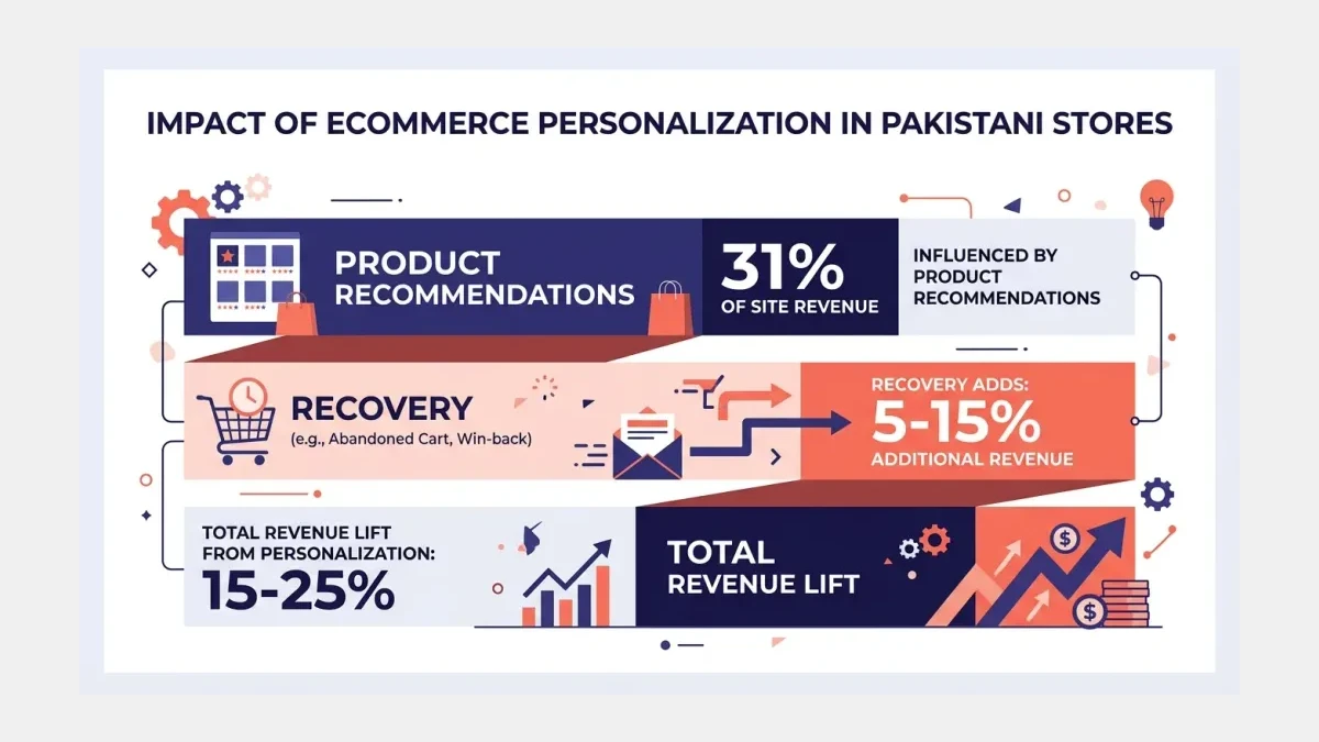 Infographic: personalization revenue layers - recommendations 31% of revenue, recovery 5-15%, total lift 15-25%