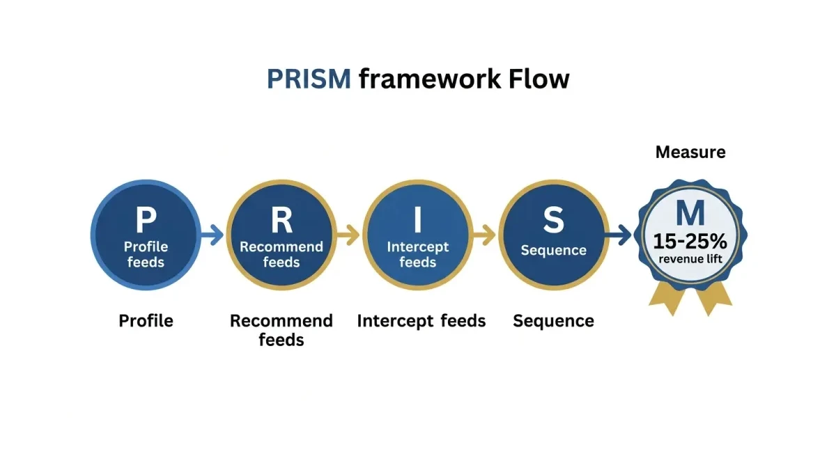Infographic: PRISM framework flow - Profile feeds Recommend feeds Intercept feeds Sequence measured by revenue lift 15-25%
