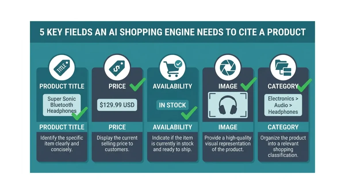 Infographic: The five fields an AI shopping engine needs to cite a product — title, price, availability, image, and category — shown as labeled cards with a checklist.