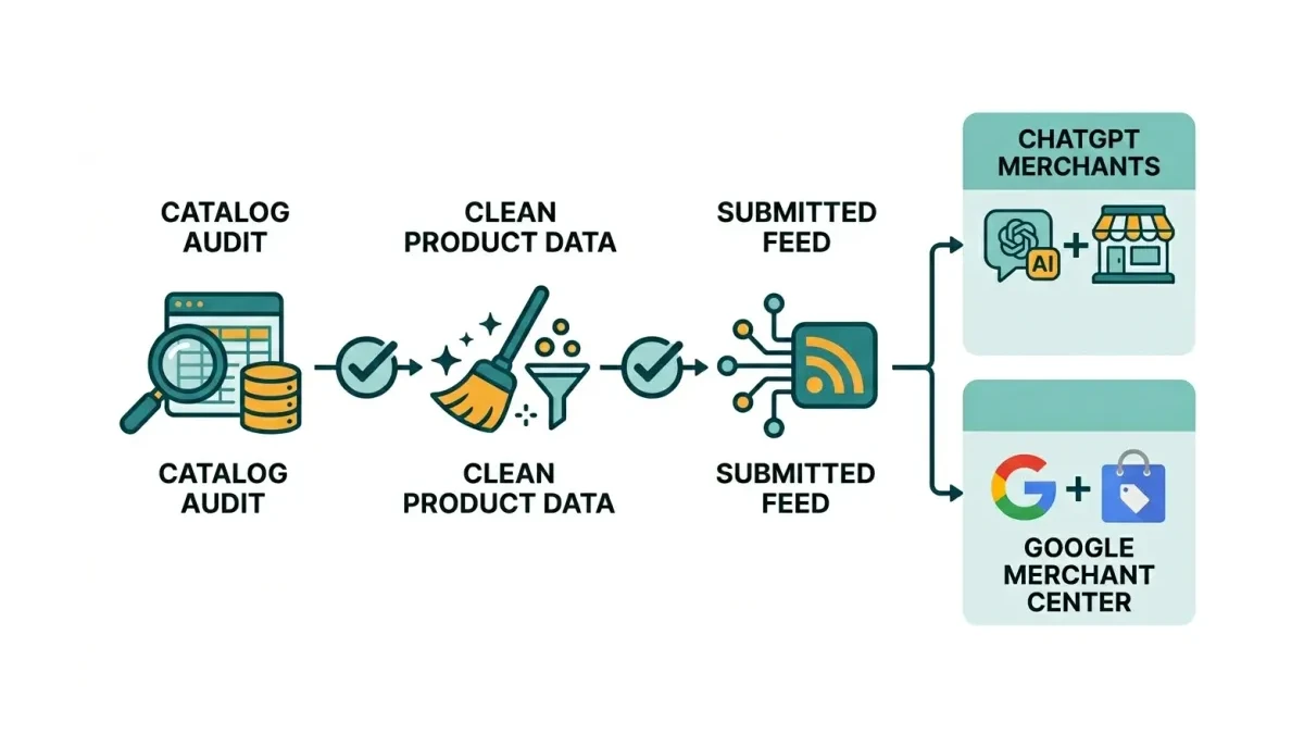 Infographic: A three-stage flow from catalog audit to clean product data to submitted feed across ChatGPT Merchants and Google Merchant Center, with verification checks at each stage.