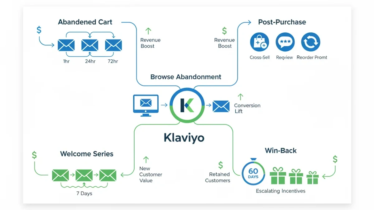 Infographic: Email automation flow chart showing five core ecommerce email flows
