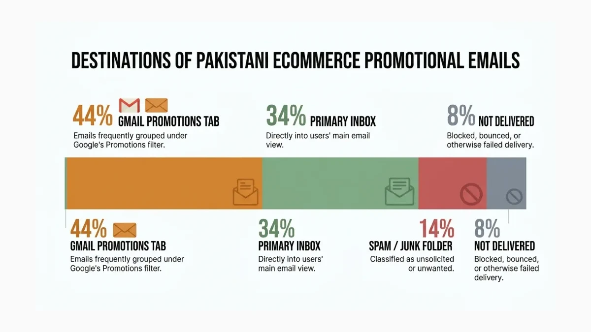 Infographic: breakdown of where Pakistani ecommerce promotional emails land — Promotions tab, Primary inbox, spam, and not delivered — with the gap between delivery rate and inbox placement