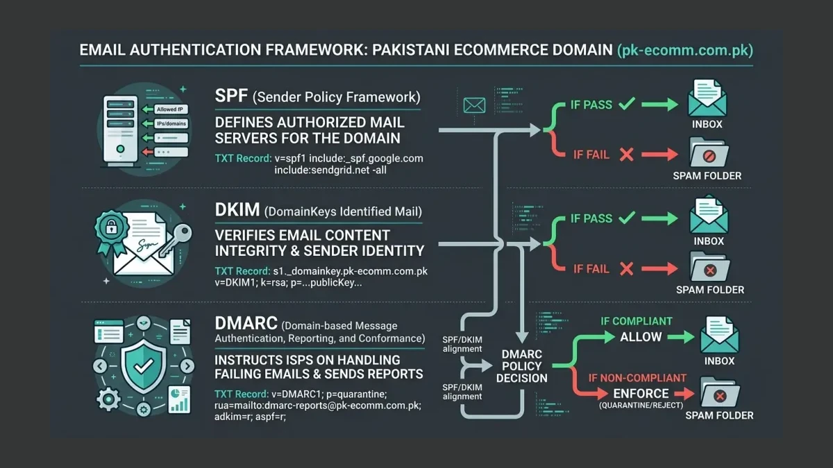 Infographic: the SPF, DKIM, and DMARC authentication stack for a Pakistani ecommerce domain, showing what each record proves and what a receiving server does when each passes or fails