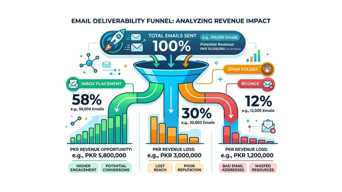 Infographic: Email deliverability funnel showing where emails get lost between send and inbox