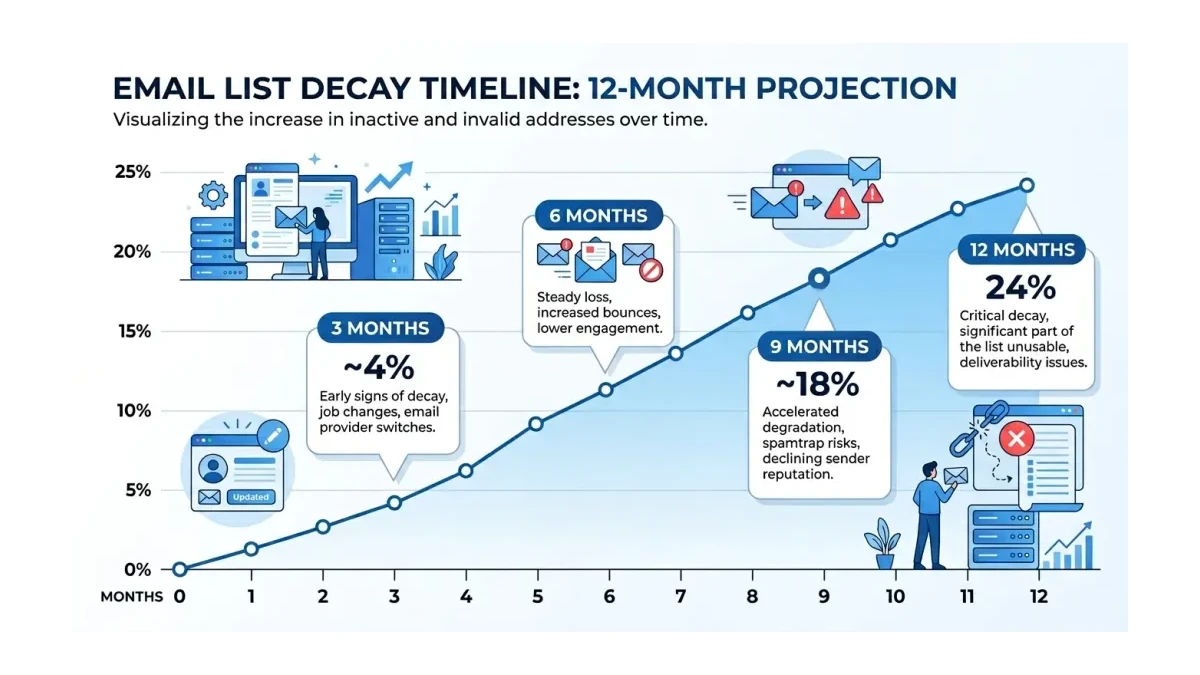 Infographic: Email list decay rate showing percentage of invalid addresses over 12 months