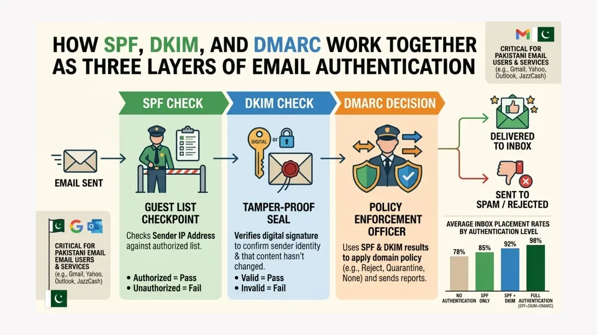 Infographic: How SPF, DKIM, and DMARC work together to authenticate emails for Pakistani ecommerce brands