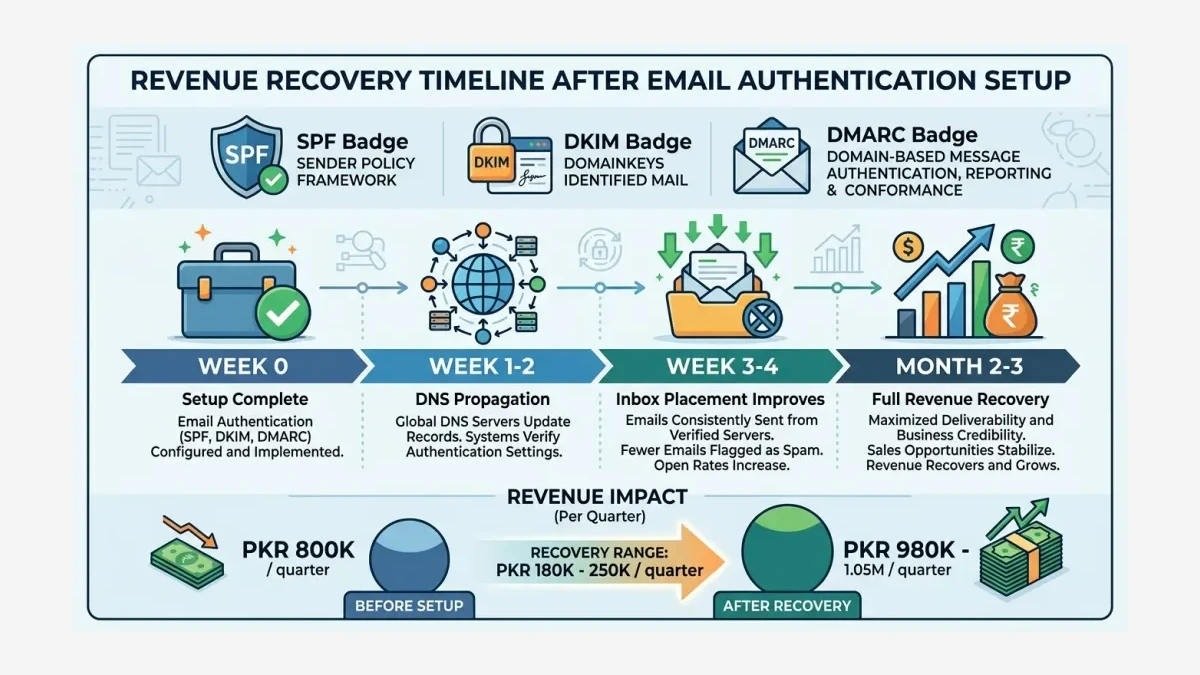 Infographic: Revenue recovery timeline after email authentication setup for Pakistani ecommerce