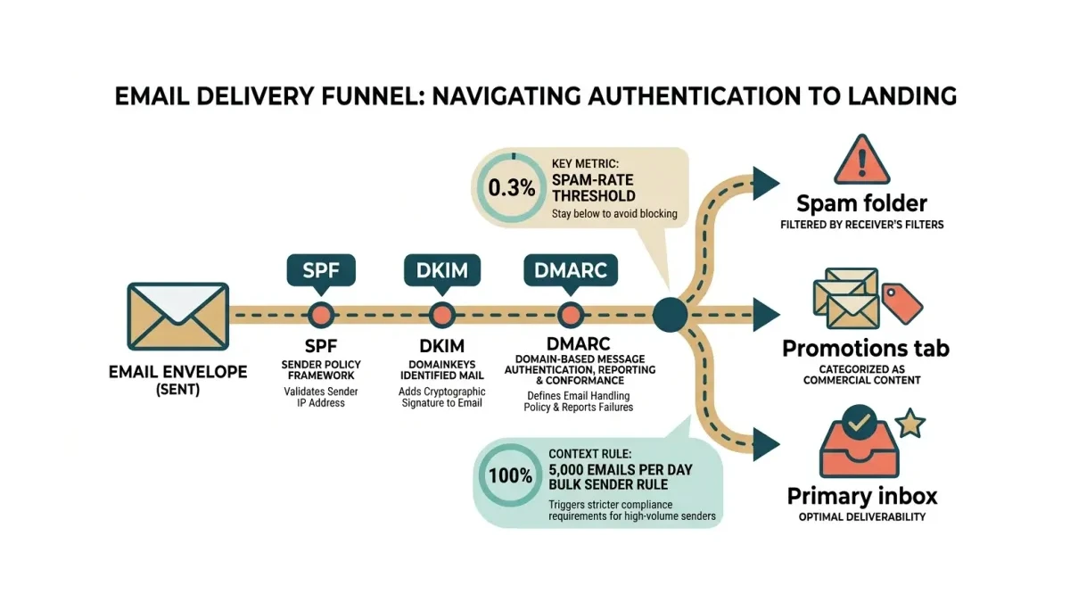 Infographic: A delivery funnel showing an authenticated email passing SPF, DKIM, and DMARC checks, dodging the spam folder, and landing in the Gmail Promotions tab versus the primary inbox.