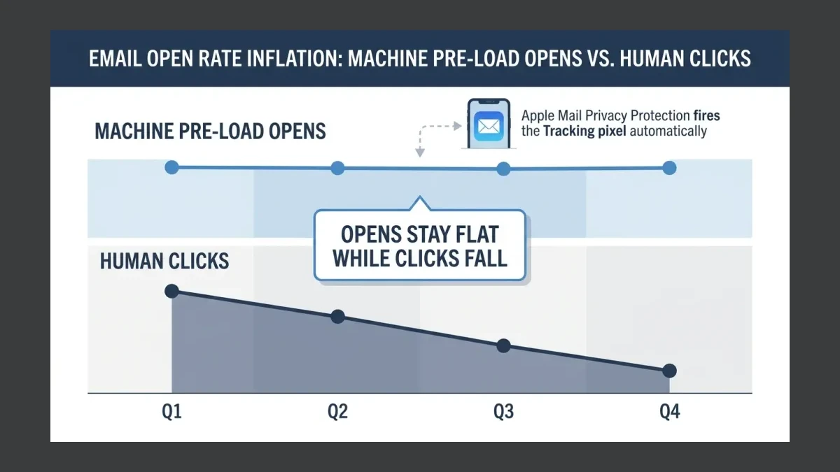 Infographic: A side-by-side diagram showing machine pre-load opens holding flat while human clicks decline quarter over quarter.