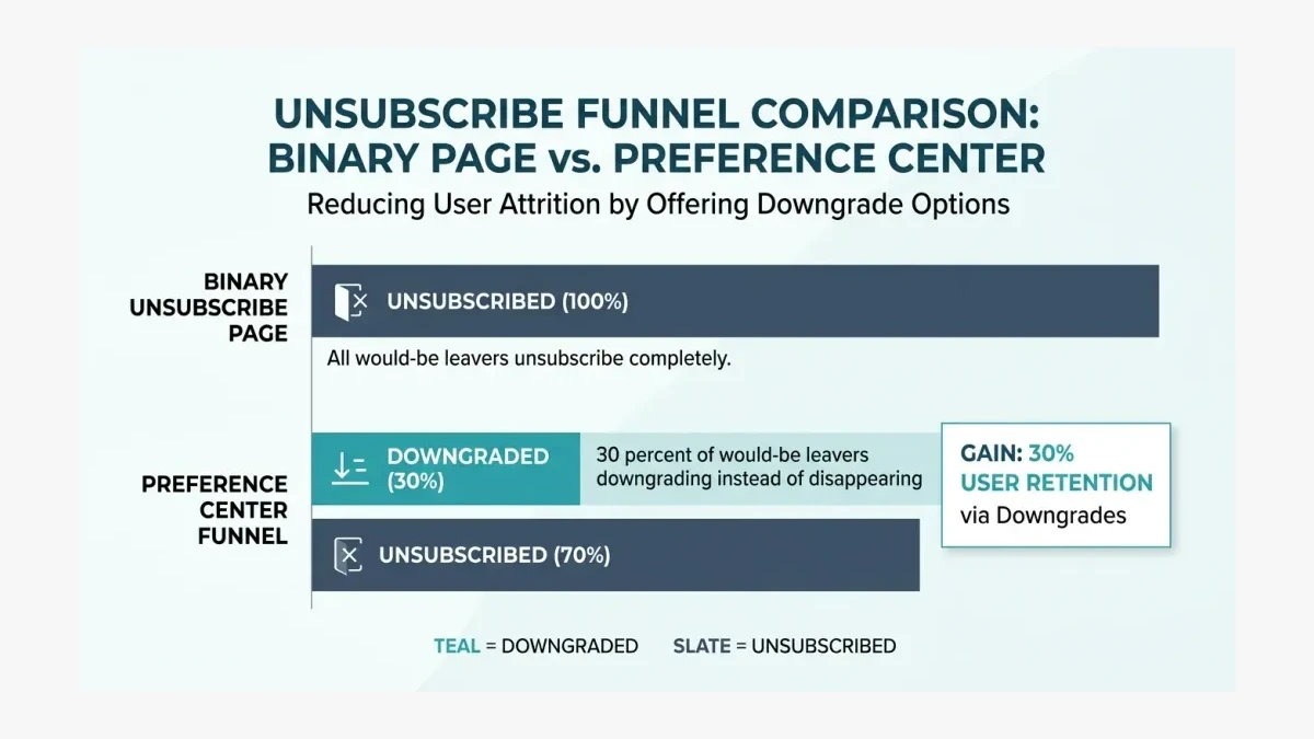 Infographic: bar chart comparing the unsubscribe funnel with a binary unsubscribe page versus a preference center, showing the 30% of would-be leavers who downgrade instead of disappearing.