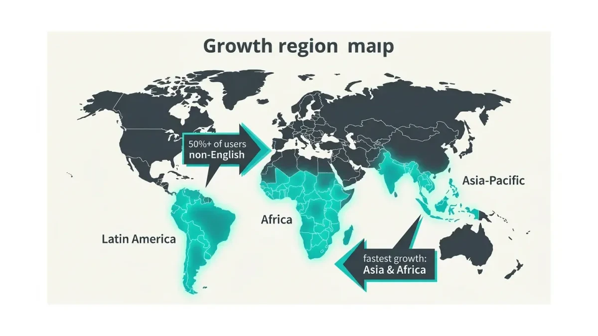 Infographic: Clean modern flat-design infographic showing a stylized world map with three highlighted growth regions glowing in teal: