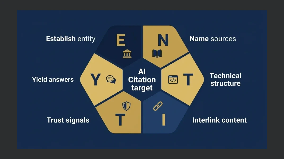 Infographic: ENTITY framework diagram showing six steps from entity establishment to direct answer optimization for Pakistani businesses