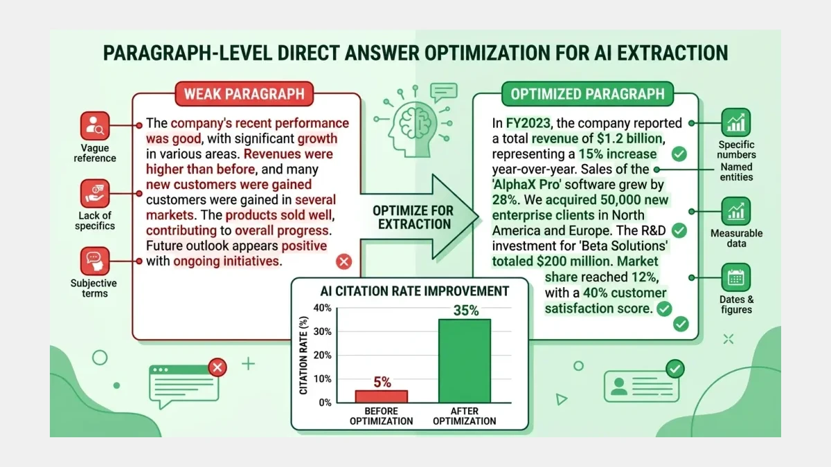 Infographic: Direct answer optimization showing paragraph-level structure for AI citation extraction on Pakistani business pages