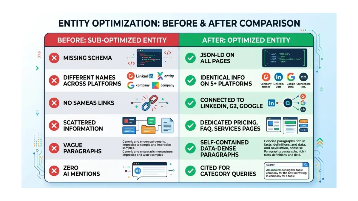 Infographic: Infographic-style before/after comparison table for entity optimization: Before column (Missing schema, Different names