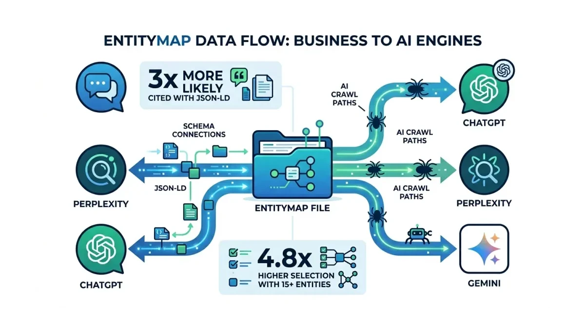Infographic: EntityMap data flows from business file through schema connections to AI engines