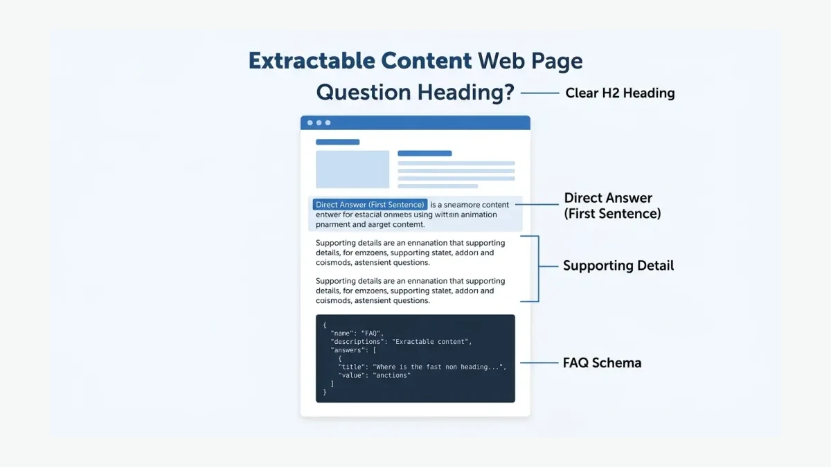Infographic: Extractable content structure showing answer-first paragraph format with entity density and FAQ schema