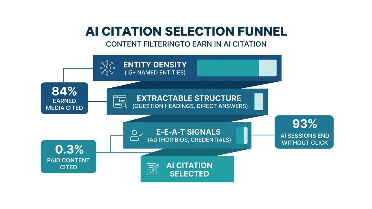 Infographic: AI citation selection funnel showing entity density, extractability, and E-E-A-T filters